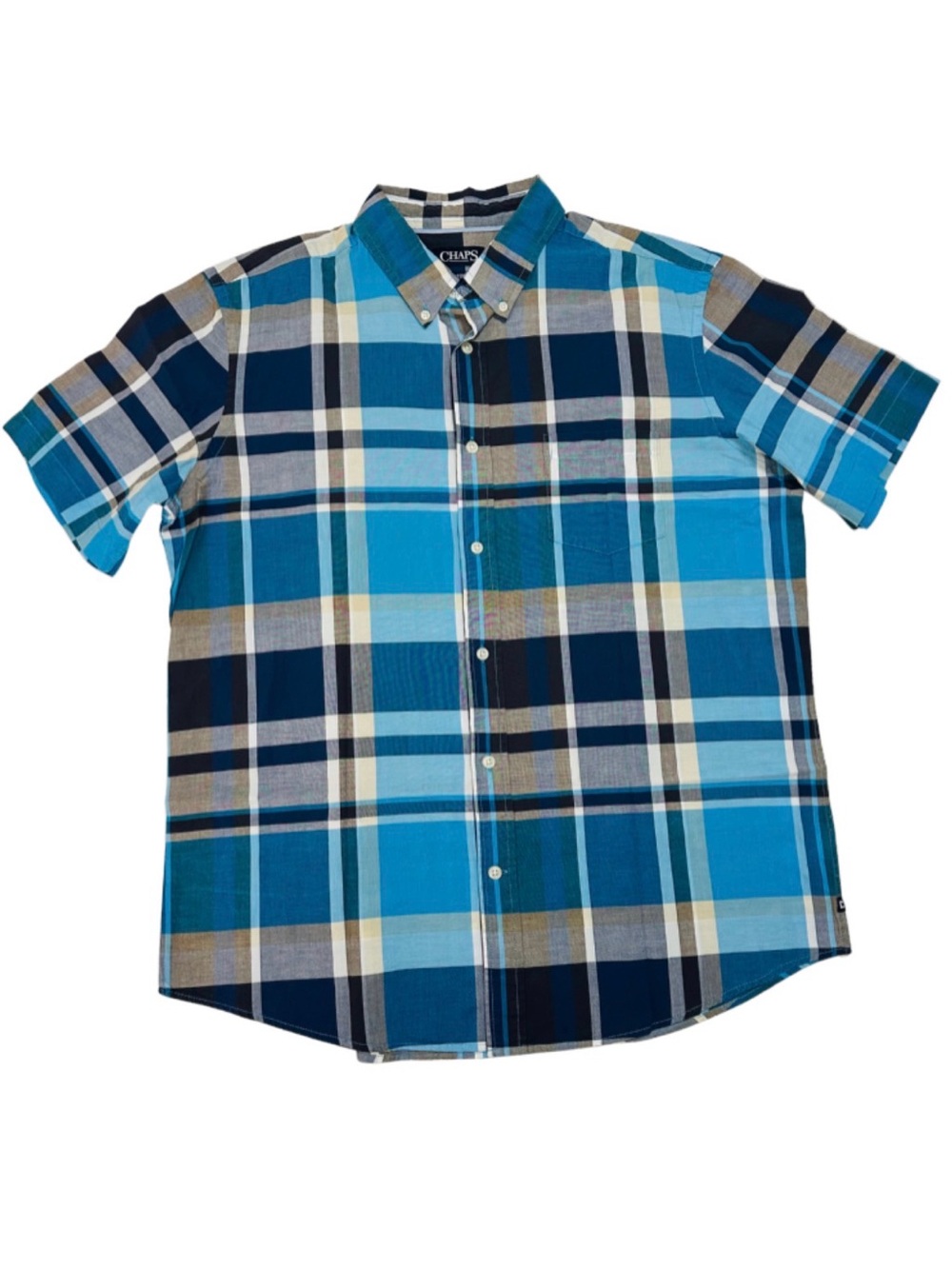 Chaps Mens XL Blue Plaid Short Sleeve Cotton Button Down Shirt